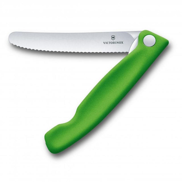 Victorinox Classic Folding Steak Knife in vibrant green, featuring a durable stainless steel blade and compact folding design.