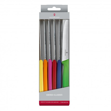 Victorinox Colorful Tomato and Table Knife Set featuring six ergonomic, vibrant knives for effortless slicing of soft-skinned foods.