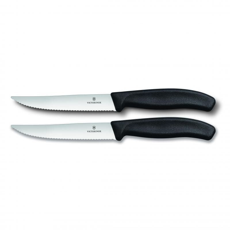 Victorinox 12cm steak and pizza knife set with wide wavy blade, ergonomic handle for precise slicing and comfort.