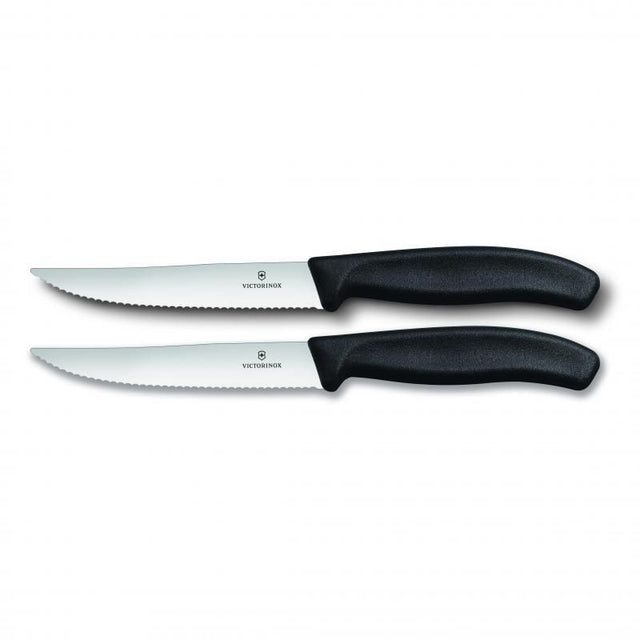 Victorinox 12cm steak and pizza knife set with wide wavy blade, ergonomic handle for precise slicing and comfort.