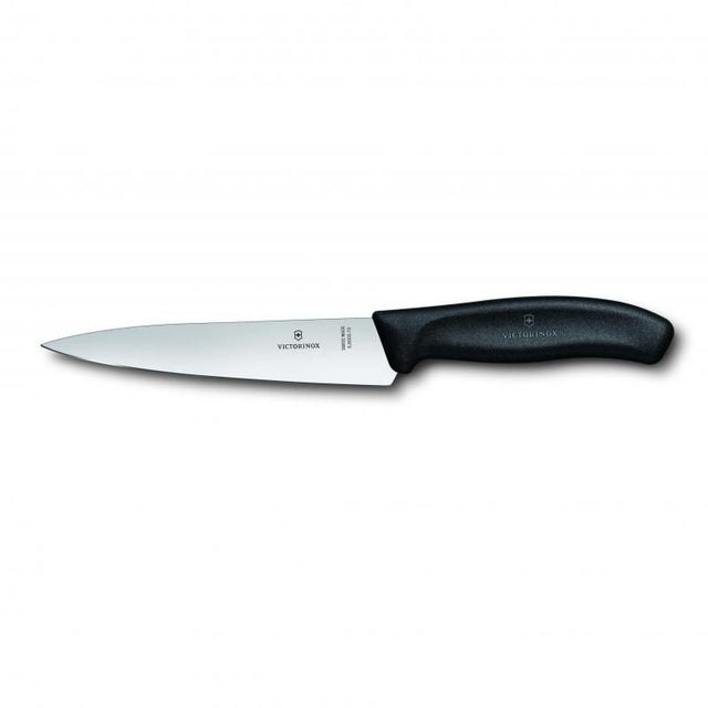 Victorinox 15cm cooks-carving knife with wide stainless steel blade and ergonomic black handle; perfect for precision cutting.