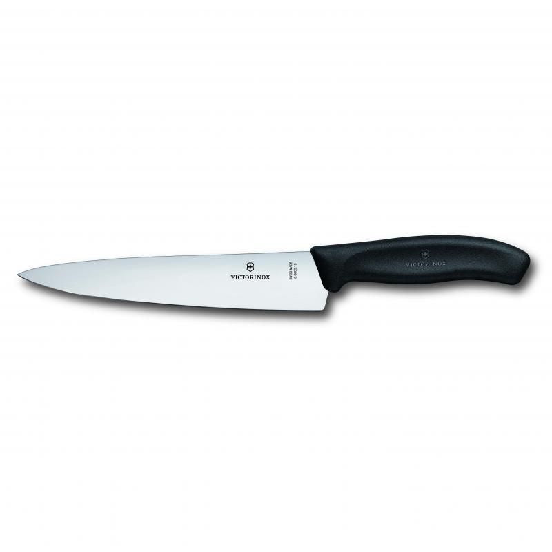 Victorinox Cooks-Carving Knife with 19cm wide blade, ergonomic black handle, gift boxed for elegant kitchen slicing.