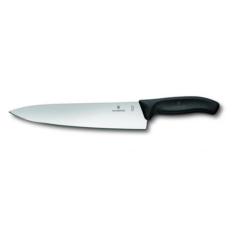 Victorinox 25cm carving knife with wide blade, ergonomic black handle, ideal for precise slicing of meats and vegetables.