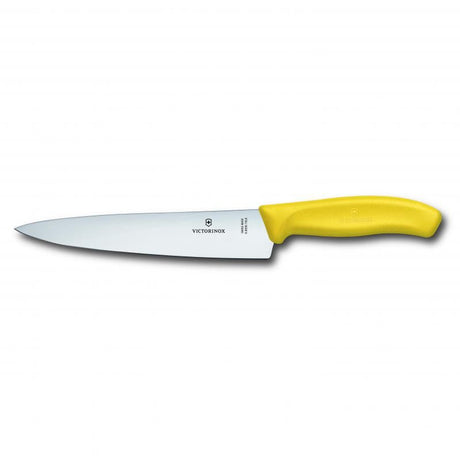 Victorinox 19cm cooks-carving knife with wide stainless steel blade and ergonomic yellow TPE handle, packaged in a blister pack.