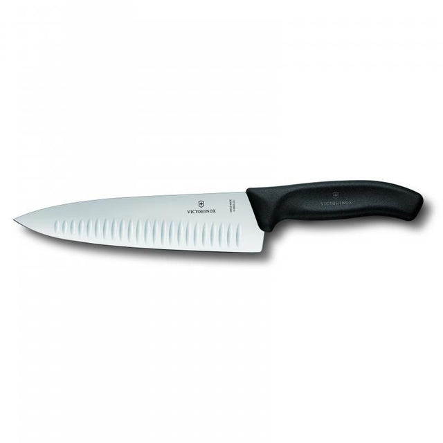 Victorinox 20cm carving knife with extra wide fluted blade and ergonomic handle, perfect for effortless, precise slicing.