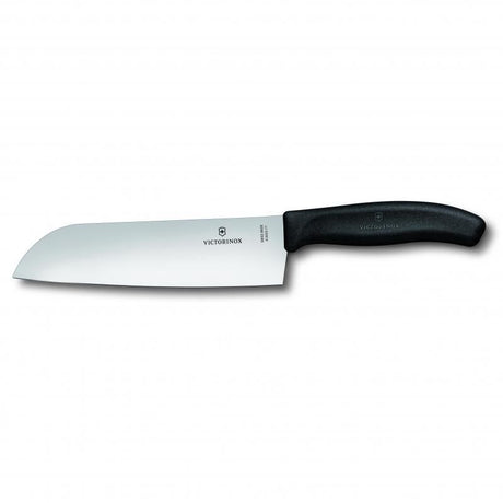 Victorinox Santoku Knife with a 17cm wide blade, ergonomic handle, ideal for slicing and dicing, designed in Switzerland.