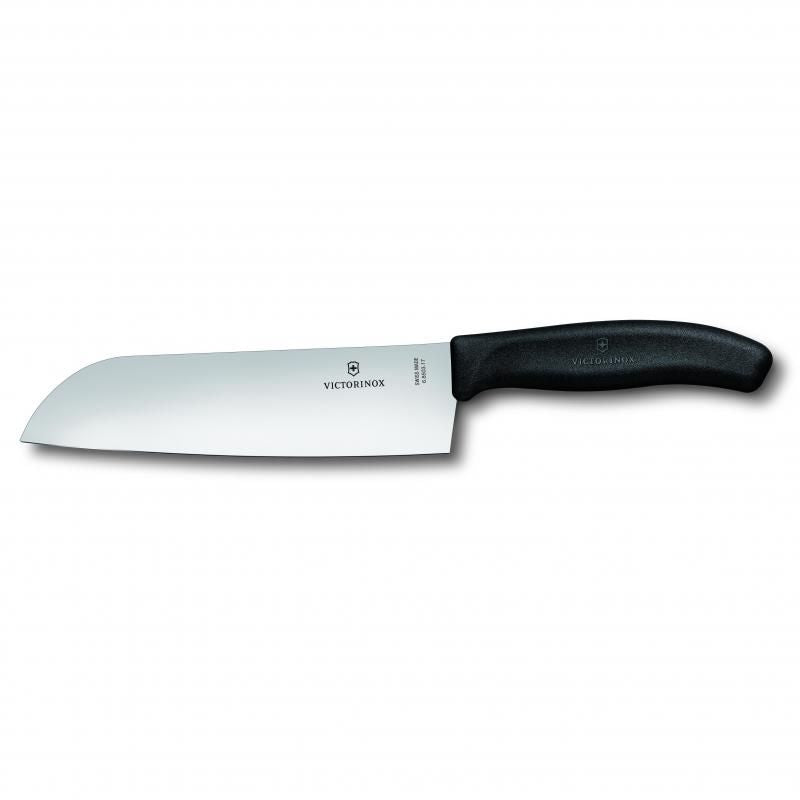 Black Victorinox Santoku knife with a 17cm wide blade, packaged in a gift box, ideal for slicing, dicing, and mincing.