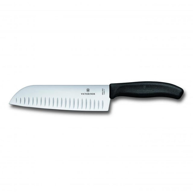 Victorinox Santoku Knife with 17cm fluted wide blade and ergonomic black handle, perfect for versatile kitchen prep.