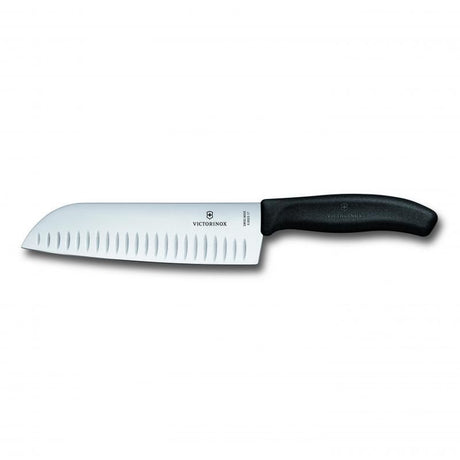 Victorinox Santoku knife with fluted blade, ergonomic handle for precision cutting of meats, vegetables, and fruits.