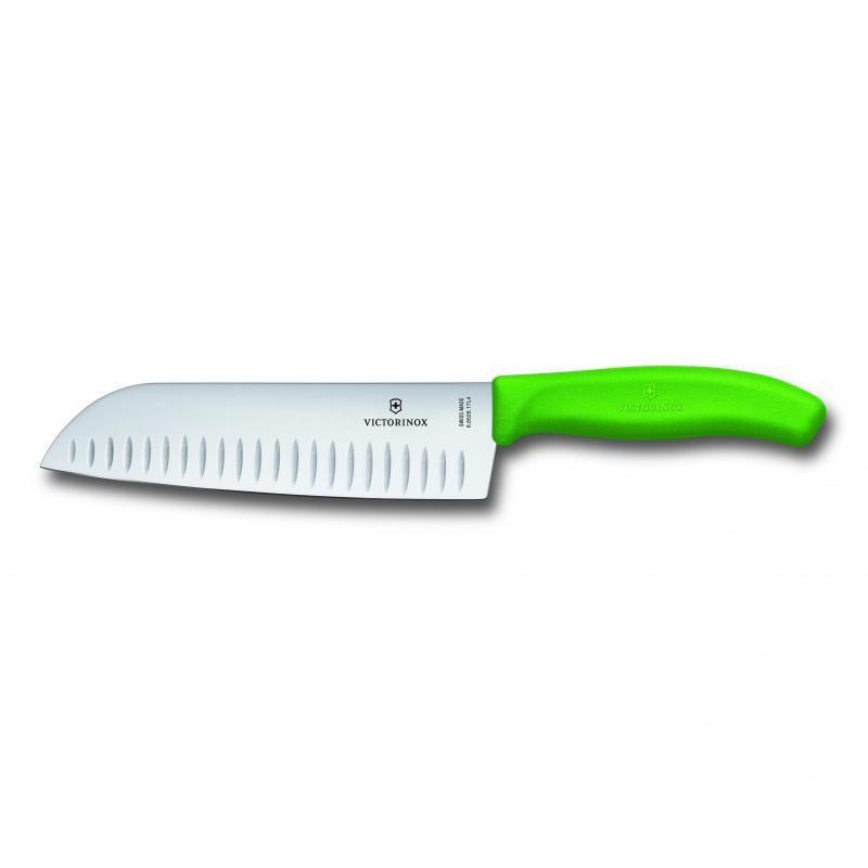 Victorinox Santoku knife with 17 cm fluted blade, ergonomic green handle, designed for precision cutting of meats and vegetables.