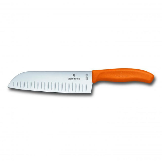 Victorinox 17cm Santoku knife with fluted blade, ideal for slicing and dicing, featuring ergonomic handle and Swiss craftsmanship.