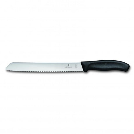 Victorinox 21cm bread knife with a wavy edge blade, ideal for slicing bread, pastries, and bagels, featuring a sleek black handle.