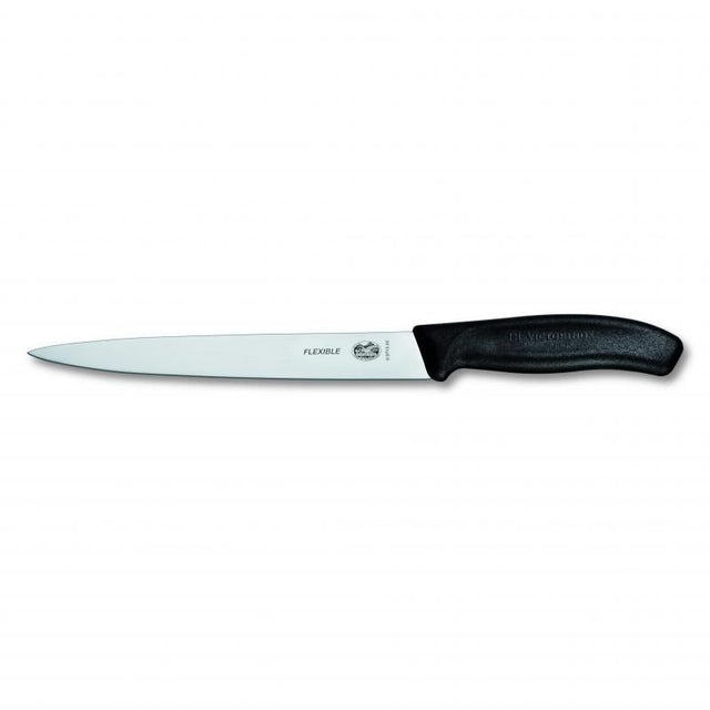 Victorinox 20cm black filleting knife with flexible blade for precise fish filleting, features ergonomic handle for comfort.