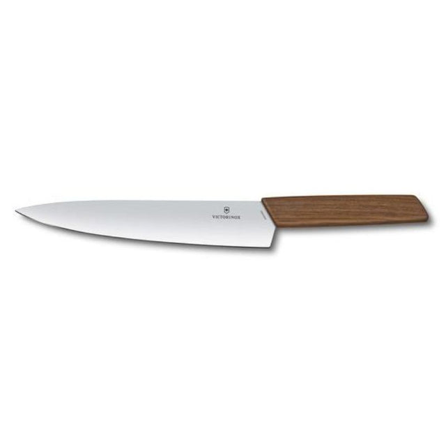 Victorinox Swiss Modern Carving Knife with 22cm walnut wood handle, designed for precise and comfortable slicing of meats and vegetables.