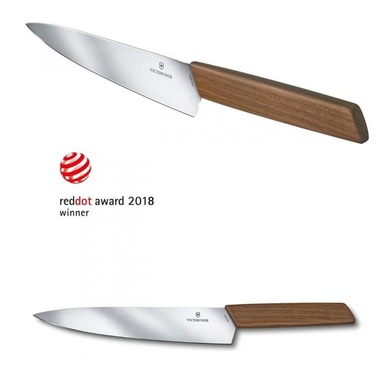 Victorinox Swiss Modern Carving Knife with 22cm walnut wood handle, designed for effortless slicing of meats and vegetables.