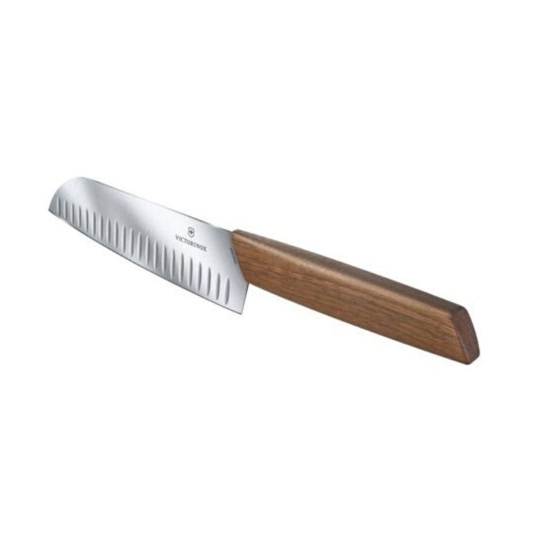 Victorinox Swiss Modern 17cm Santoku knife with walnut handle, designed for versatile and precise cutting in the kitchen.