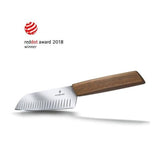 Victorinox Swiss Modern 17cm Santoku Knife with walnut handle, fluted edge for smooth cutting of various foods.