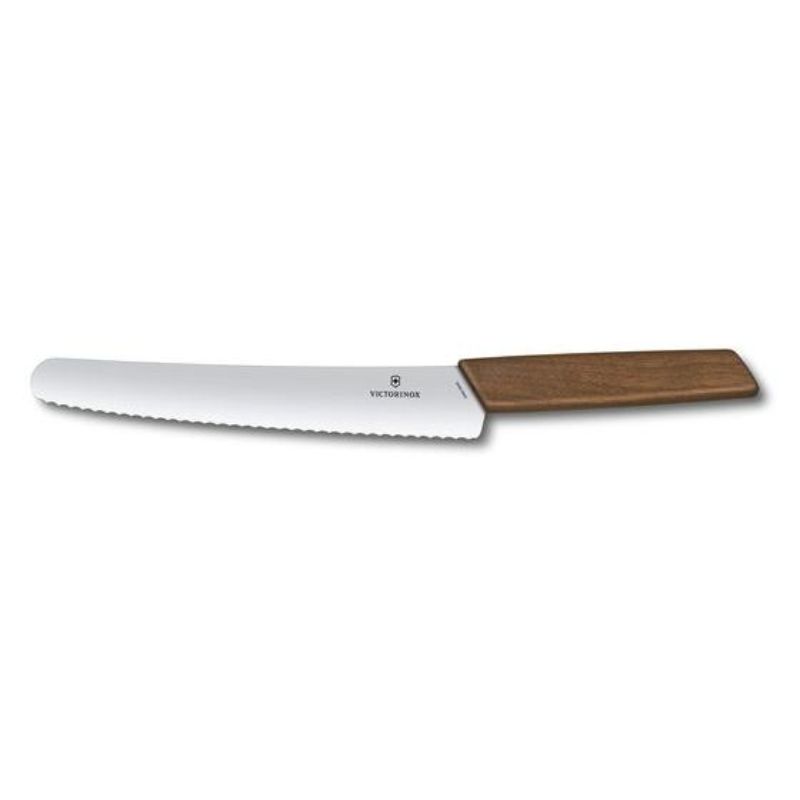 Victorinox Swiss Modern 22cm bread and pastry knife with walnut wood handle, designed for effortless slicing of baked goods.