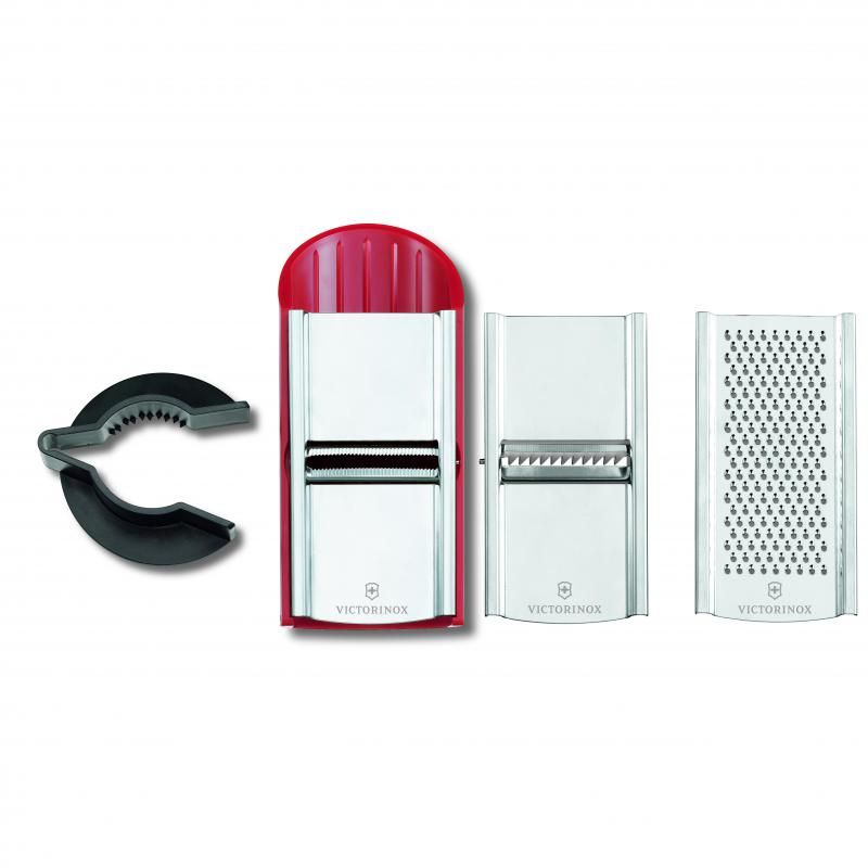 Victorinox Handslicer featuring a red ergonomic handle, includes slicer, julienne, grater, and peel holder for versatile kitchen prep.