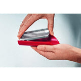 Victorinox Handslicer with red ergonomic handle for slicing, julienne, and grating; includes peel holder and three stainless steel elements.