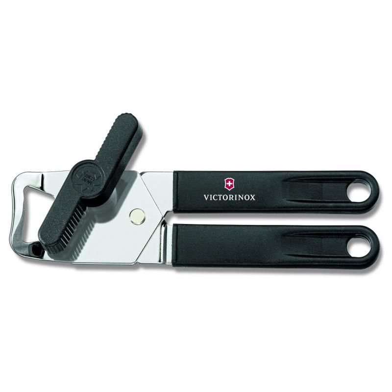 Victorinox Universal Can Opener in black, featuring stainless steel head and ergonomic handle for easy can and bottle opening.