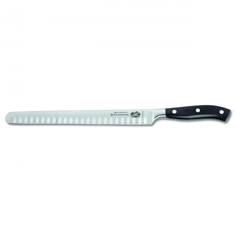 Victorinox 26cm forged slicing knife with a fluted blade, ideal for precise and effortless slicing of meats.