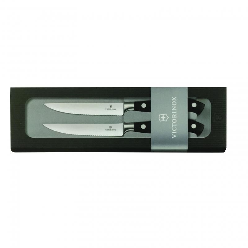 Victorinox Forged Steak Knife Set in gift box, featuring ultrasharp wavy blades and ergonomic handles for effortless slicing.