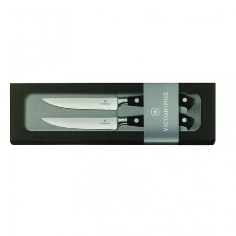 Victorinox Forged Steak Knife Set in gift box, featuring ultrasharp wavy blades and ergonomic handles for effortless slicing.