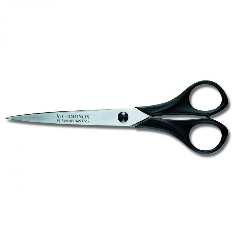 Victorinox 19cm household scissors with pointed blade, stainless steel, and ergonomic black handle for precision cutting.