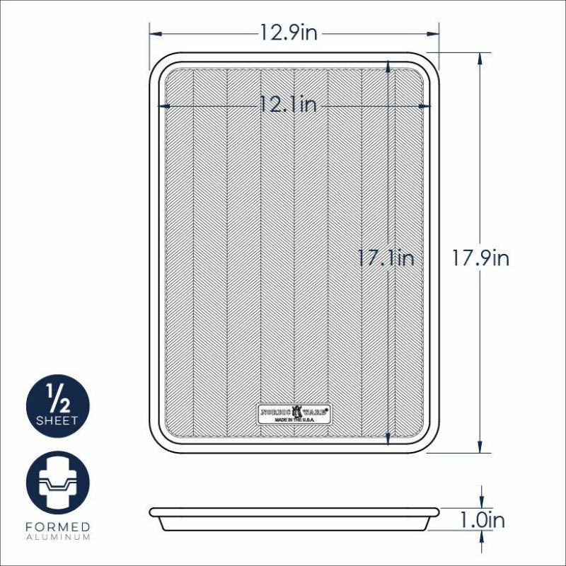 Nordic Ware Prism Half Sheet pan with embossed aluminum design for even baking and easy food release, ideal for all baking needs.