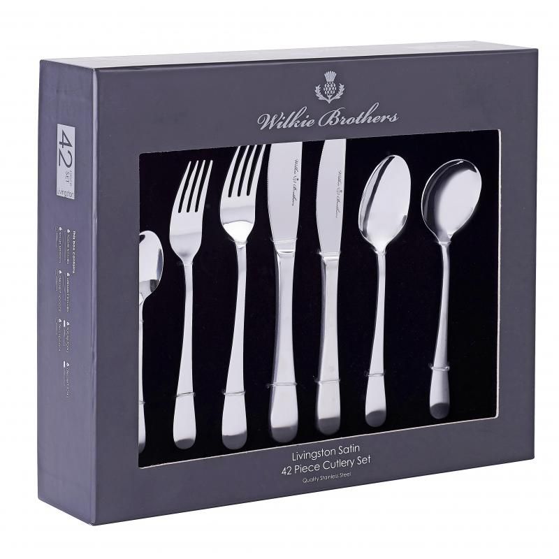 Sleek Wilkie Brothers Livingston 42pc cutlery set in satin finish, crafted from durable 18/0 stainless steel for elegant dining.