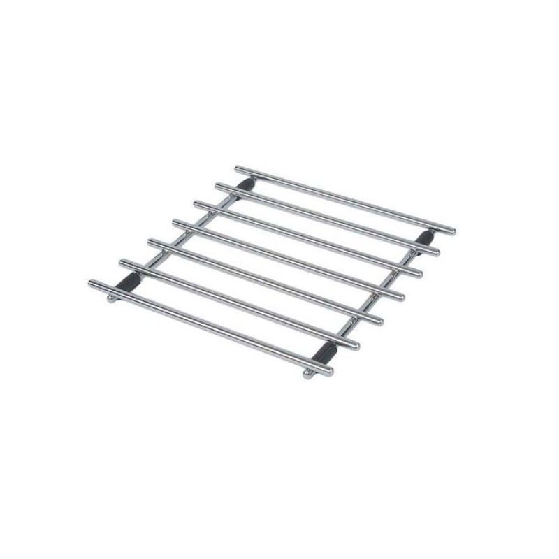 Chrome-plated square trivet (25 x 25cm) designed to protect surfaces from hot cookware and stains, easy to clean and stylish.