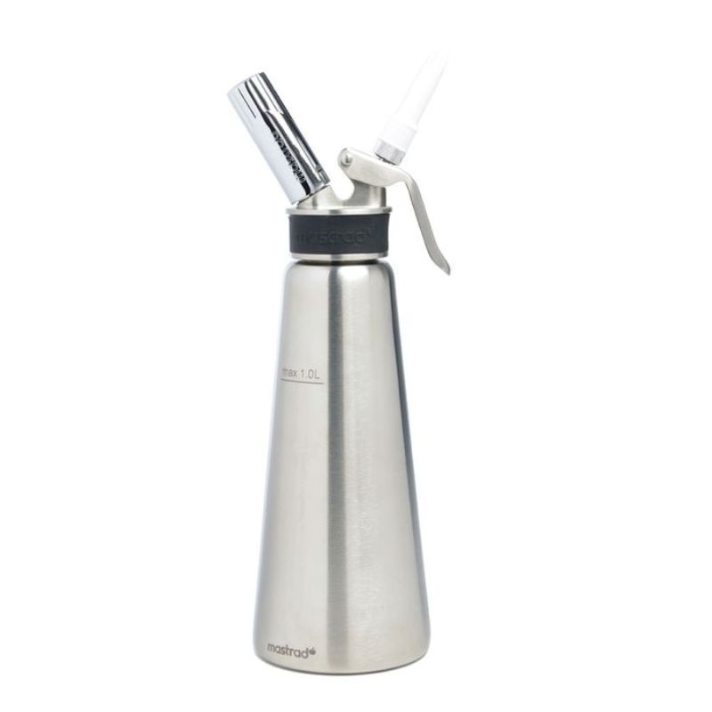 Professional 1L whipped cream dispenser with stainless steel body, heat-resistant band, and three decorating nozzles for culinary creativity.