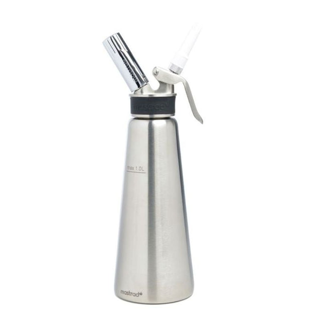 Professional 1L whipped cream dispenser with stainless steel body, heat-resistant band, and three decorating nozzles for culinary creativity.