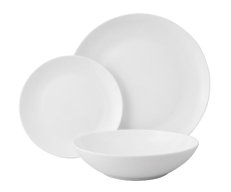 Elegant Wilkie Coupe 12-piece dinner set in fine bone china, including dinner plates, side plates, and bowls, gift boxed.