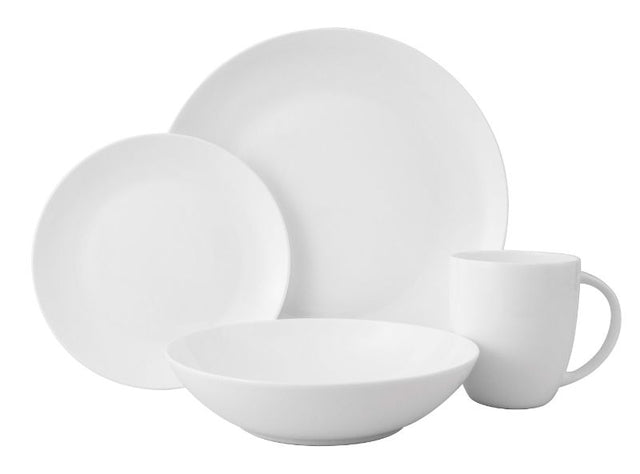 Elegant 16-piece Wilkie Coupe dinner set in fine bone china, featuring timeless dishes, mugs, and bowls, microwave and dishwasher safe.