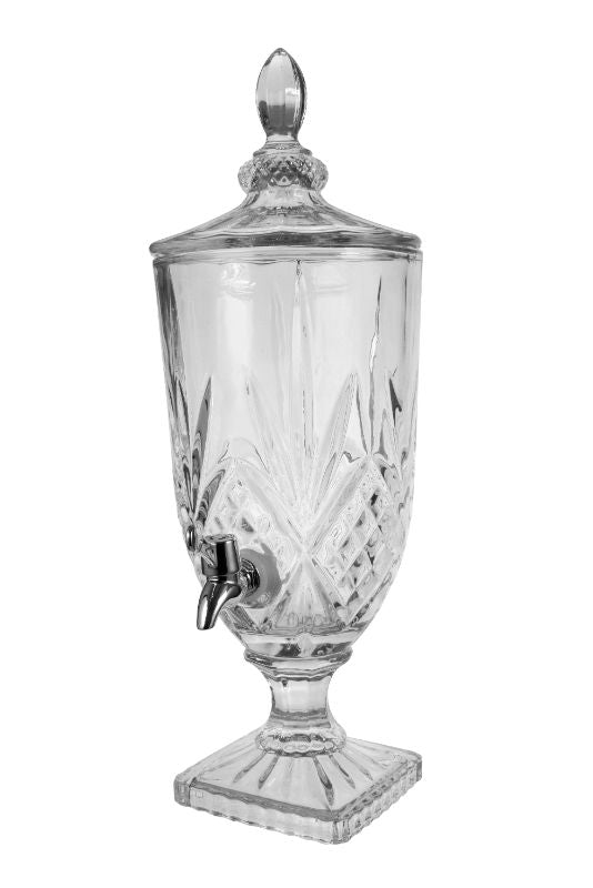 Wilkie Walston 3L Glass Dispenser with stylish pedestal, crystal cut pattern, and BPA-free spigot for easy serving.