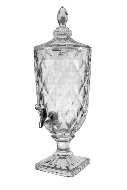 Elegant 3L glass drink dispenser with crystal cut design, perfect for serving beverages at parties and gatherings.