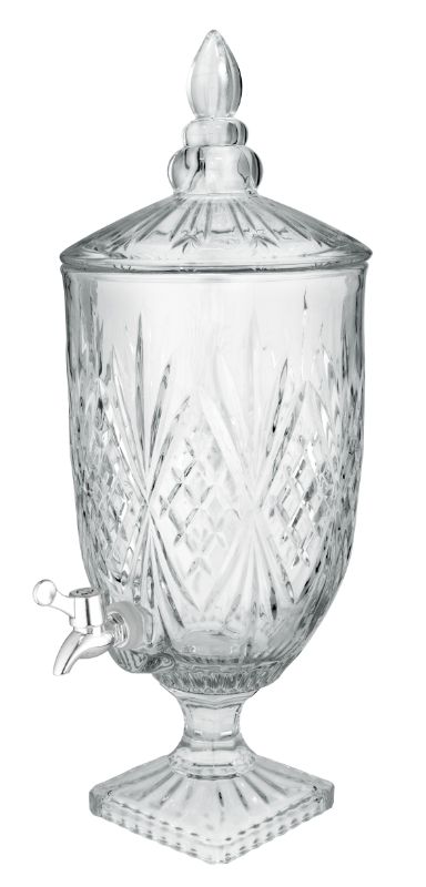 Elegant 5L glass drink dispenser with a chic pedestal, ideal for cocktails and infused drinks, featuring a crystal cut pattern.