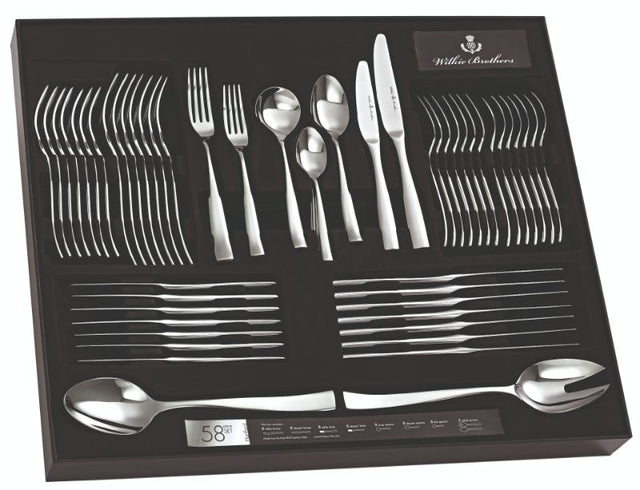 Hartford 58 Piece Cutlery Set featuring elegant stainless steel knives, forks, spoons, and salad servers for refined dining.