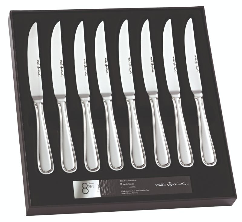 Linea 8 Piece Steak Knife Set featuring elegant stainless steel with ergonomic handles for effortless slicing at any dining occasion.