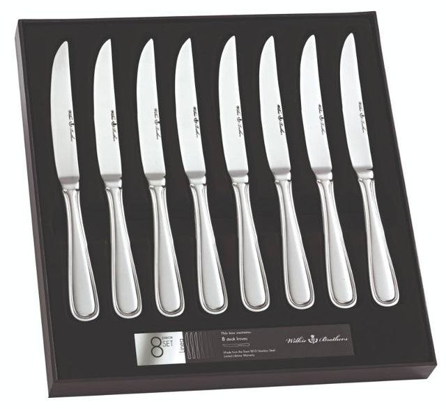 Linea 8 Piece Steak Knife Set featuring elegant stainless steel with ergonomic handles for effortless slicing at any dining occasion.