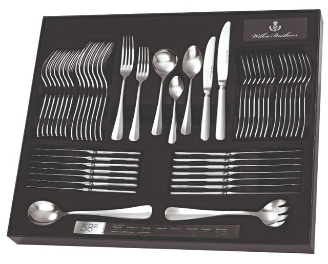 Elegant 58 Piece Ravelstone Cutlery Set in mirror-finished stainless steel, perfect for formal dining and casual gatherings.