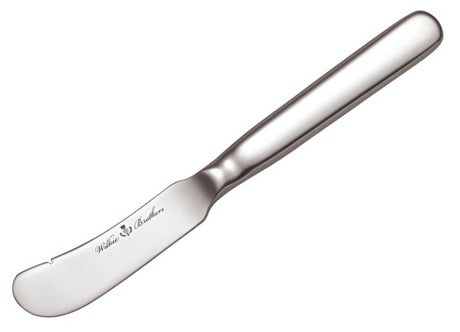 Elegant Wilkie Edinburgh Butter Knife in polished stainless steel, perfect for spreading butter or serving pate. Dishwasher safe.