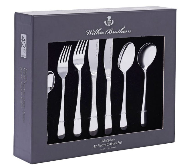 Wilkie Brothers 42-piece cutlery set in stainless steel, featuring elegant design and complete dining essentials in gift box.