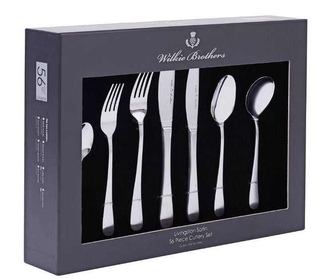 Elegant 56pc Wilkie Livingston Cutlery Set in stainless steel, perfect for any dining occasion, gift boxed with lifetime guarantee.