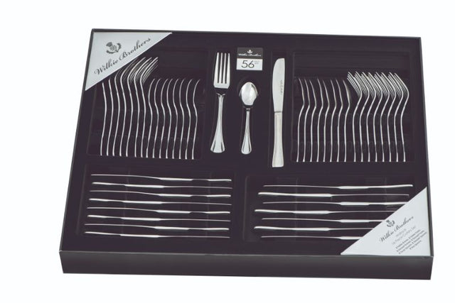 Wilkie Bros Wallace 56-piece cutlery set in 18/0 stainless steel, featuring dotted embossed handles for elegant dining.