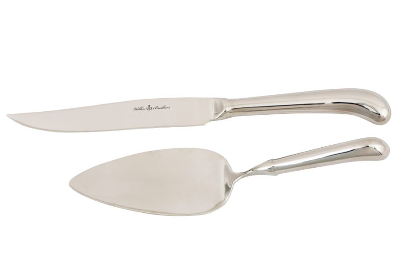 Wilkie Stirling 2 Piece Cake Serving Set featuring a stainless steel knife and server, perfect for elegant cake presentations.