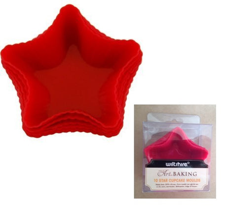 Star-shaped silicone cupcake molds in a 10-pack, perfect for baking or freezing delicious themed treats.