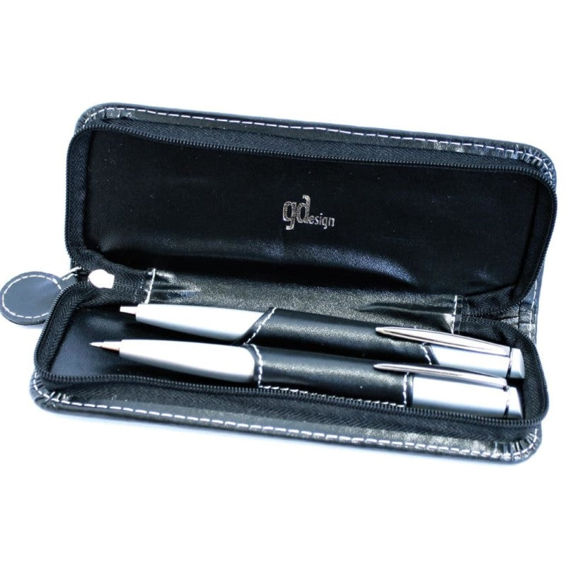 GDESIGN SATIN CHRME BALL PEN/PENCIL SET ZIP LEAT